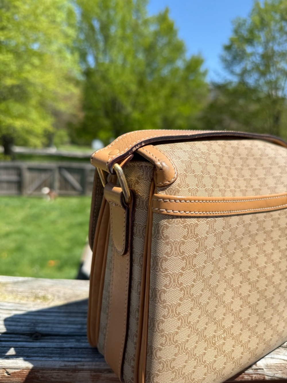 Celine Beige Monogram Crossbody with Tan Leather Trim - Picture 6 of 10